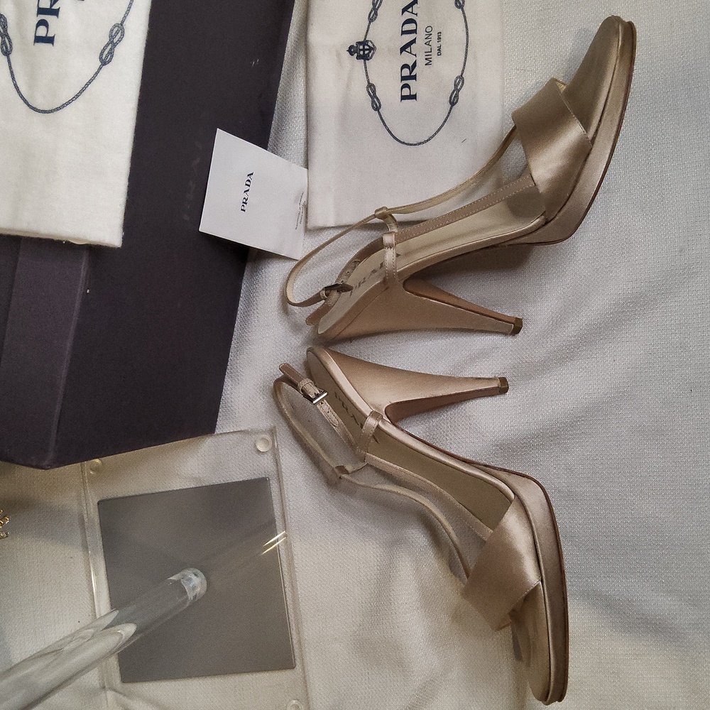 Prada Raso Sabbia champagne satin platform peep toe sandals pumps heels shoes - Picture 4 of 9
